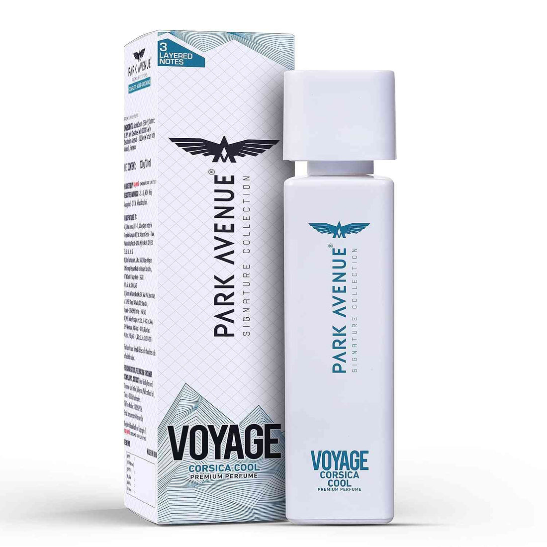 Park Avenue Voyage Corsica Cool perfume bottle and packaging on a white background