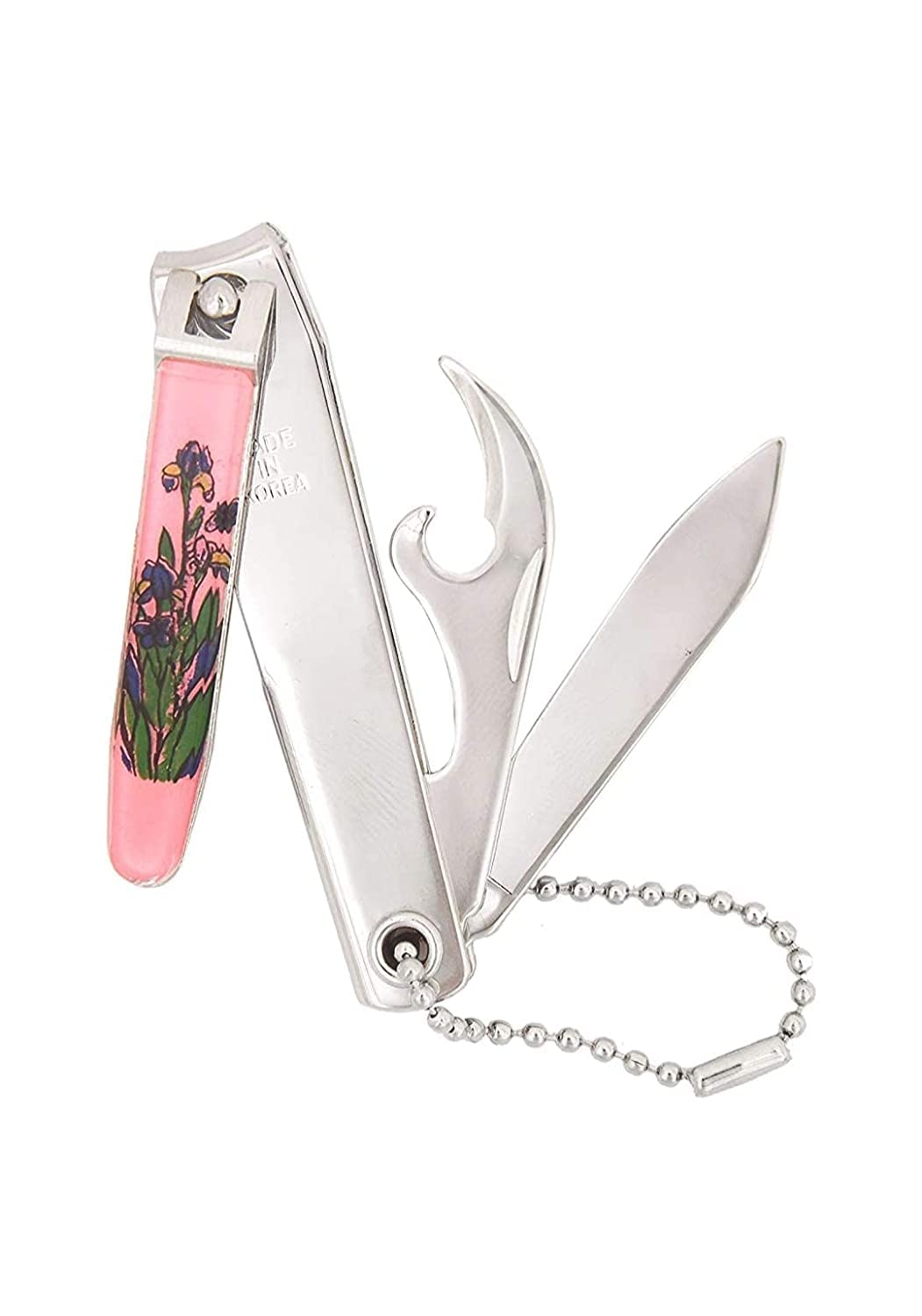 Multifunctional tool with floral design on pink handle, silver blade, and bottle opener on white background